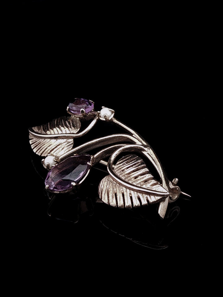 Vintage 9ct Rose Gold Amethyst and Pearl Floral Brooch