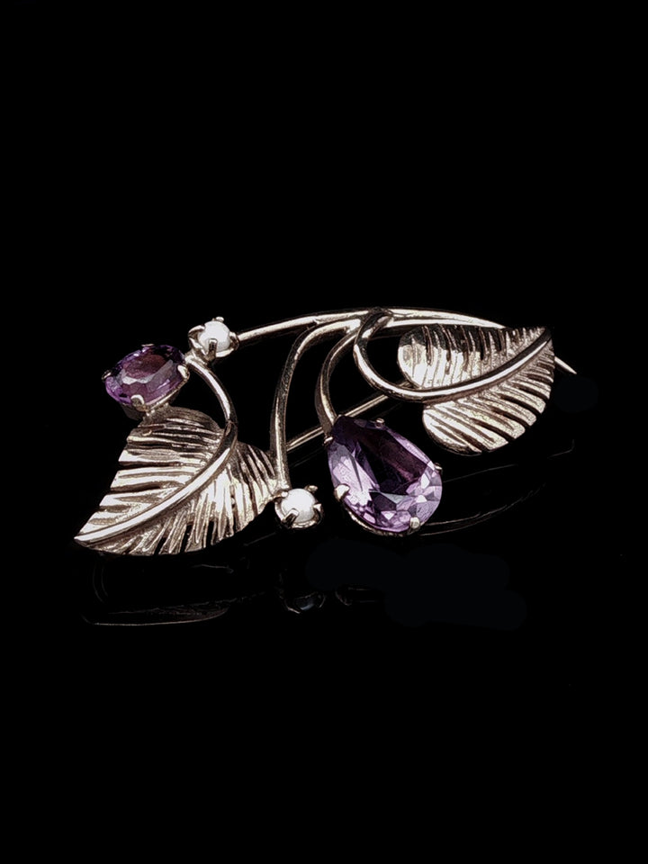 Vintage 9ct Rose Gold Amethyst and Pearl Floral Brooch