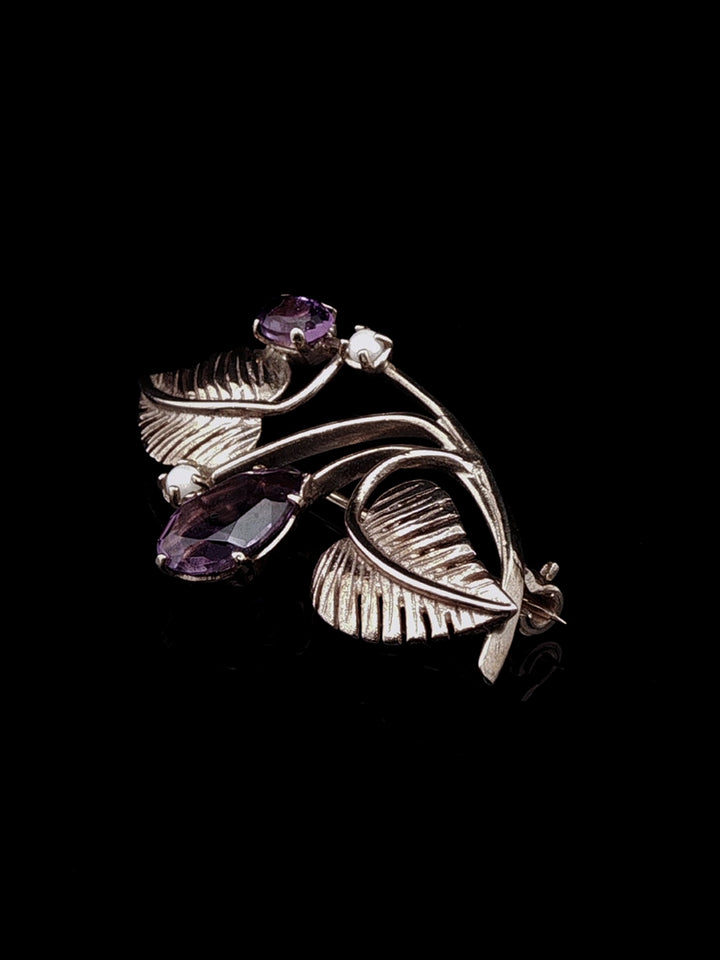 Vintage 9ct Rose Gold Amethyst and Pearl Floral Brooch