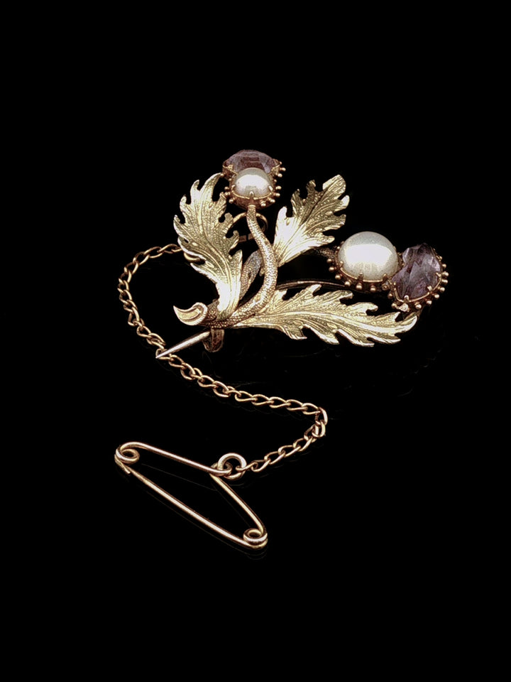 Vintage 18ct Yellow Gold Amethyst and Pearl Thistle Spray Brooch