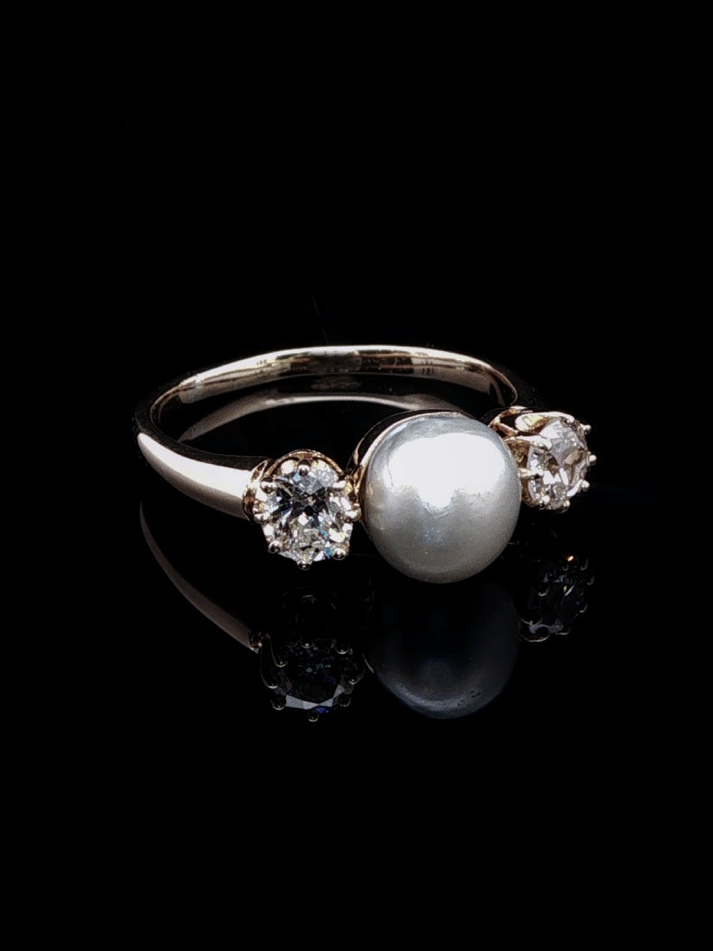 18ct Yellow Gold Pearl and Old Cut Diamond Three Stone Ring