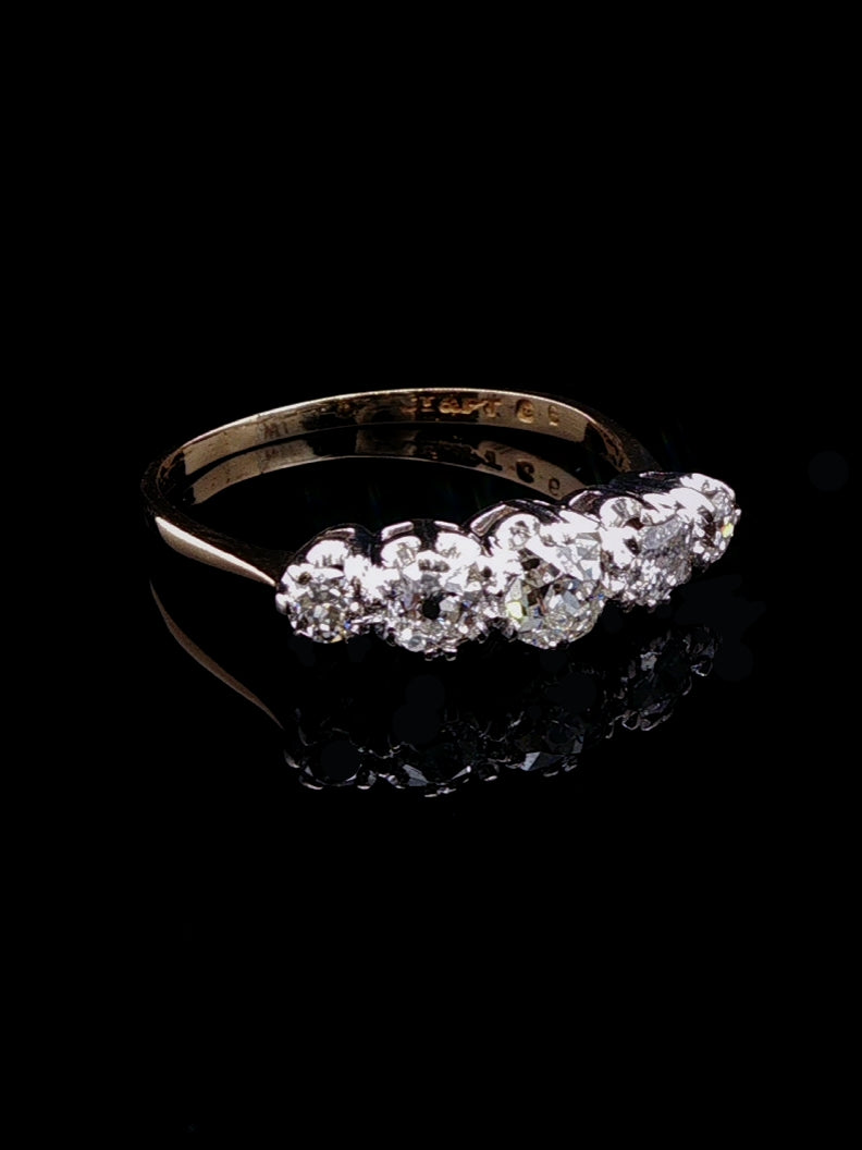 18ct Yellow Gold and Platinum Five Stone Old Cut Diamond Ring, Circa 1955