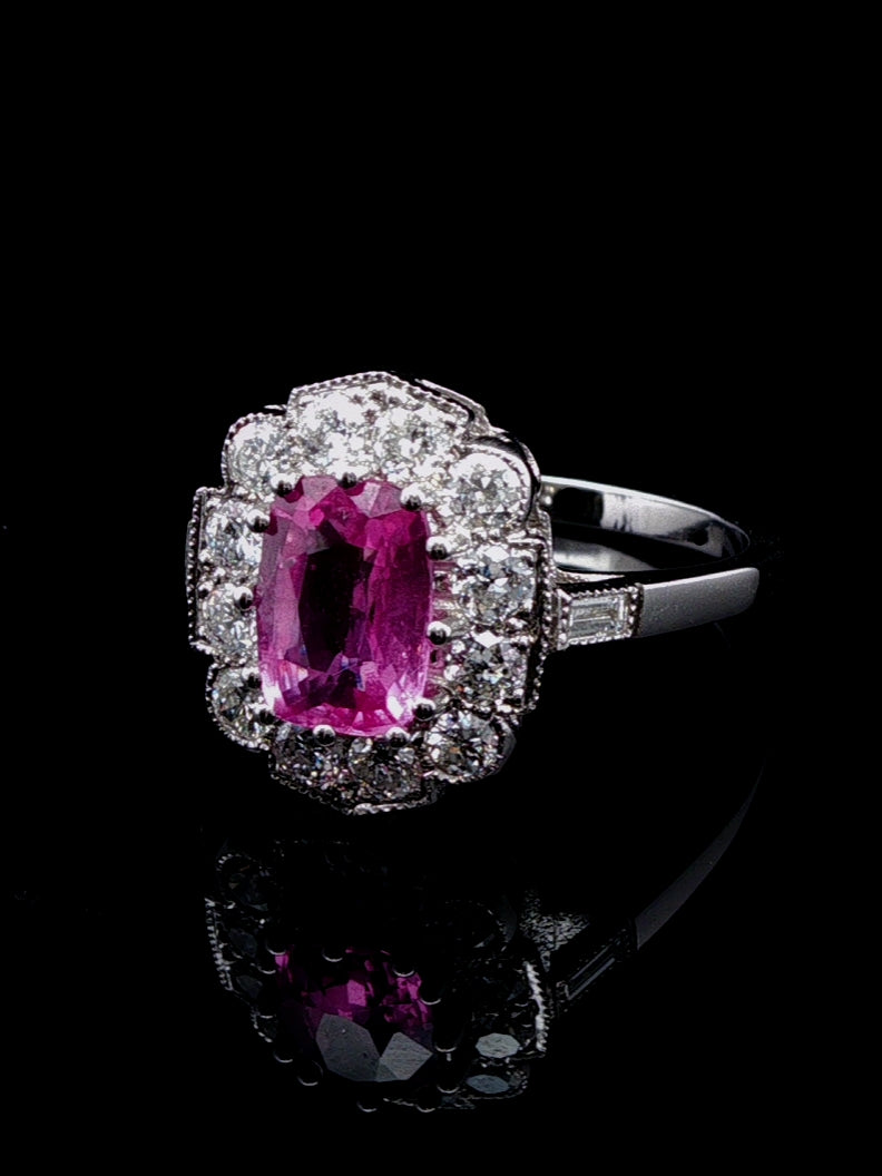 Platinum 1.57ct Pink Sapphire and Old Cut 0.60ct Diamond Cluster Ring