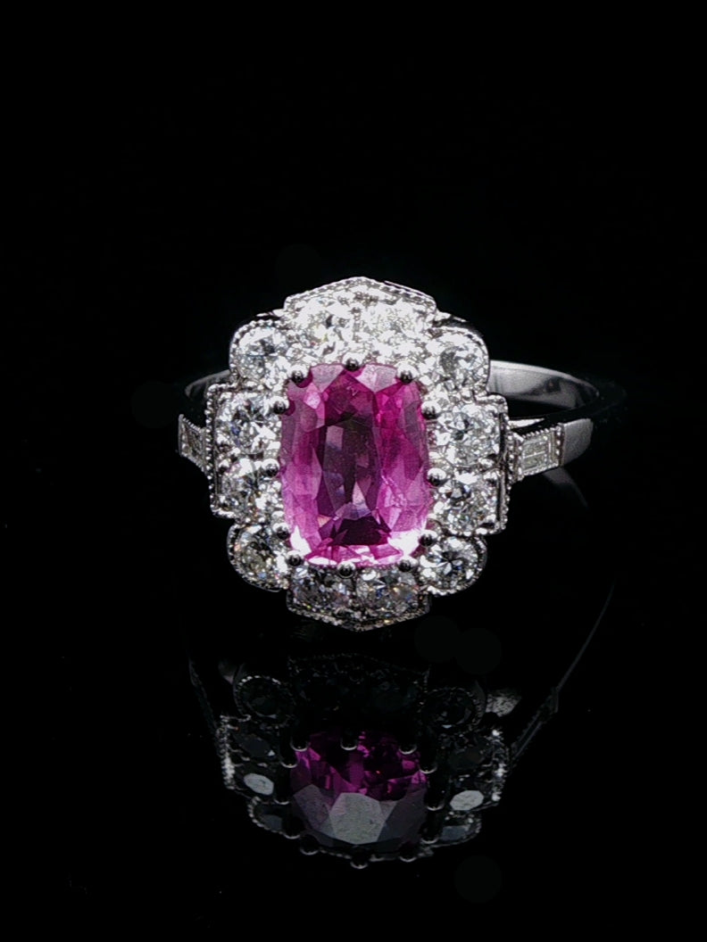 Platinum 1.57ct Pink Sapphire and Old Cut 0.60ct Diamond Cluster Ring