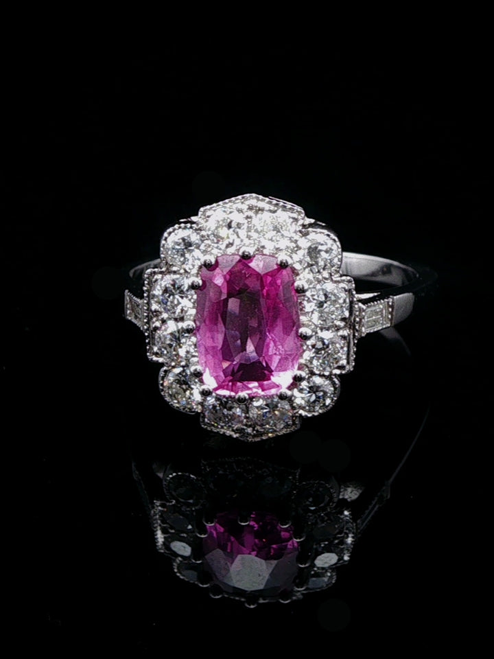 Platinum 1.57ct Pink Sapphire and Old Cut 0.60ct Diamond Cluster Ring