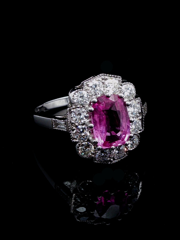 Platinum 1.57ct Pink Sapphire and Old Cut 0.60ct Diamond Cluster Ring