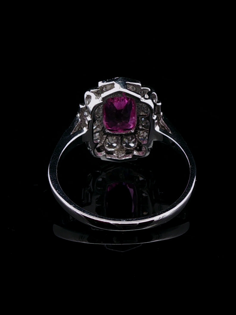 Platinum 1.57ct Pink Sapphire and Old Cut 0.60ct Diamond Cluster Ring