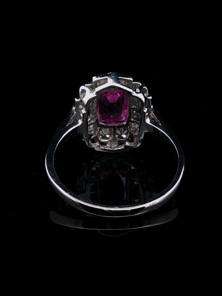 Platinum 1.57ct Pink Sapphire and Old Cut 0.60ct Diamond Cluster Ring
