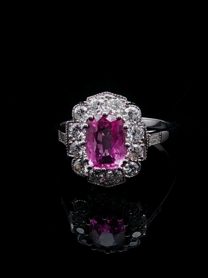 Platinum 1.57ct Pink Sapphire and Old Cut 0.60ct Diamond Cluster Ring