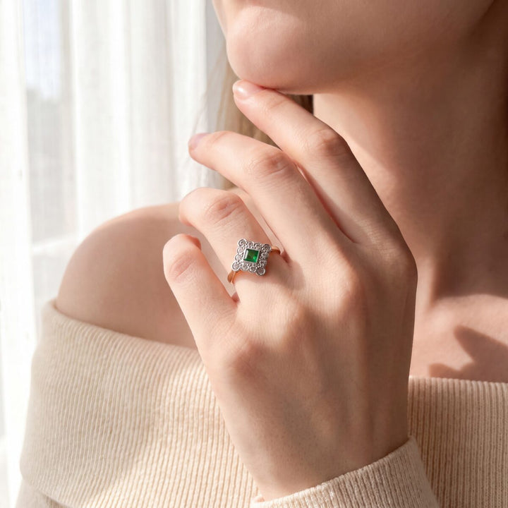 Art Deco 18ct Gold 0.35ct Diamond and Emerald Cluster Ring, Circa 1930