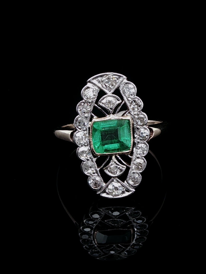 18ct Gold Art Deco 0.50ct Emerald and 1.00ct Diamond Navette Ring, Circa 1930