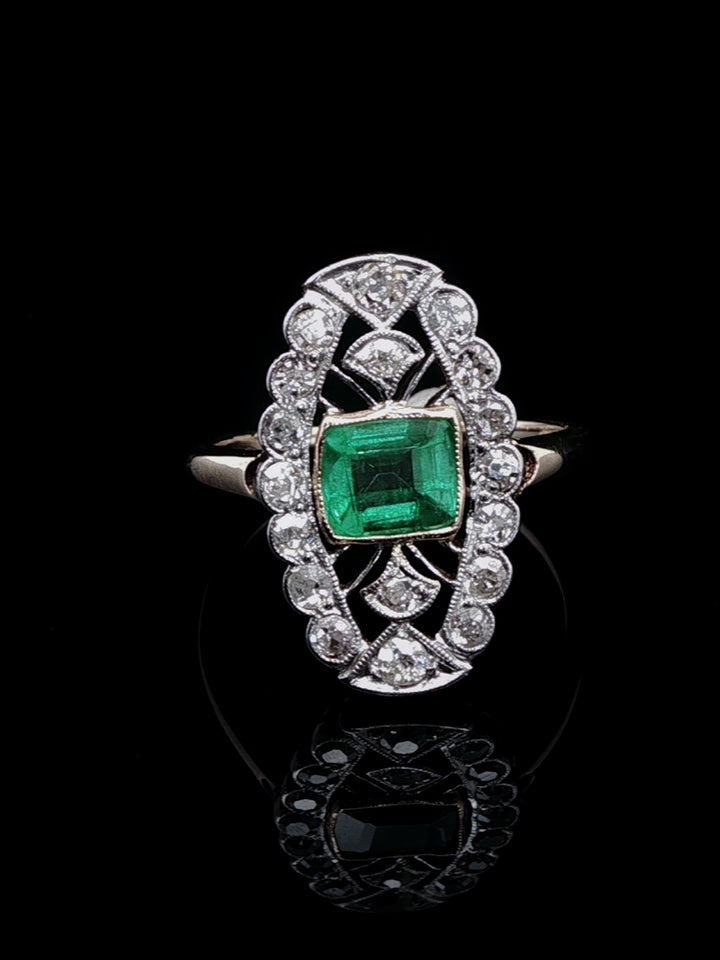 18ct Gold Art Deco 0.50ct Emerald and 1.00ct Diamond Navette Ring, Circa 1930