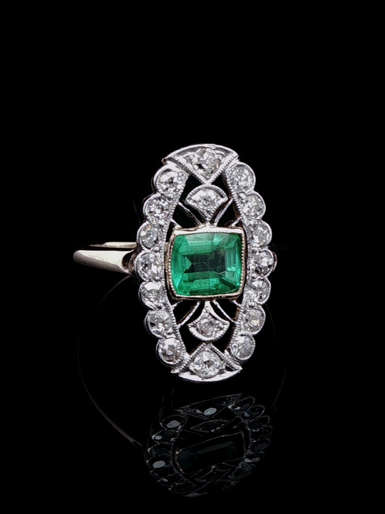 18ct Gold Art Deco 0.50ct Emerald and 1.00ct Diamond Navette Ring, Circa 1930