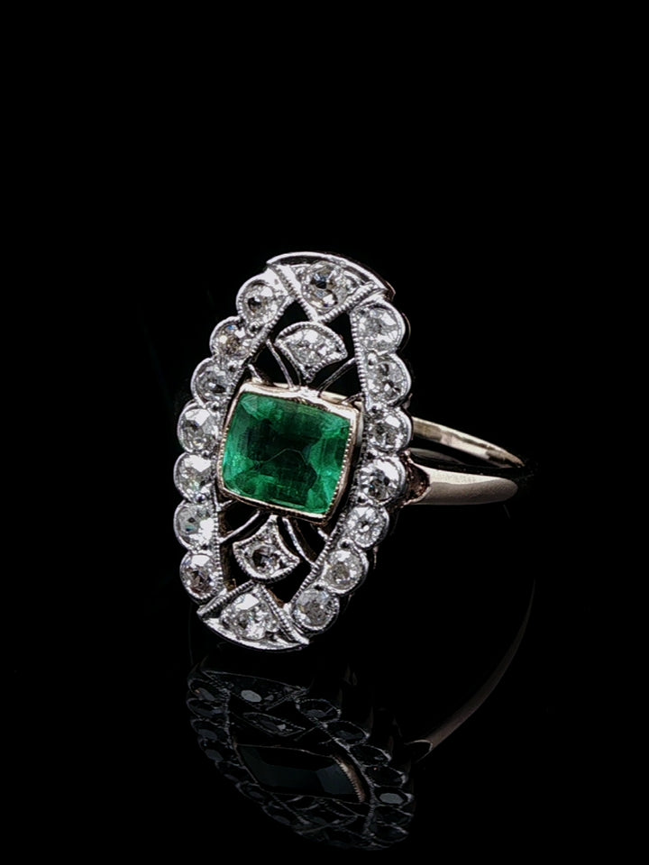 18ct Gold Art Deco 0.50ct Emerald and 1.00ct Diamond Navette Ring, Circa 1930
