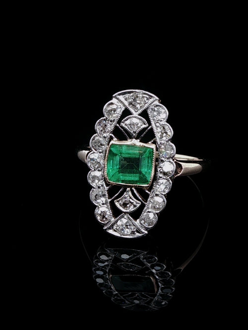 18ct Gold Art Deco 0.50ct Emerald and 1.00ct Diamond Navette Ring, Circa 1930