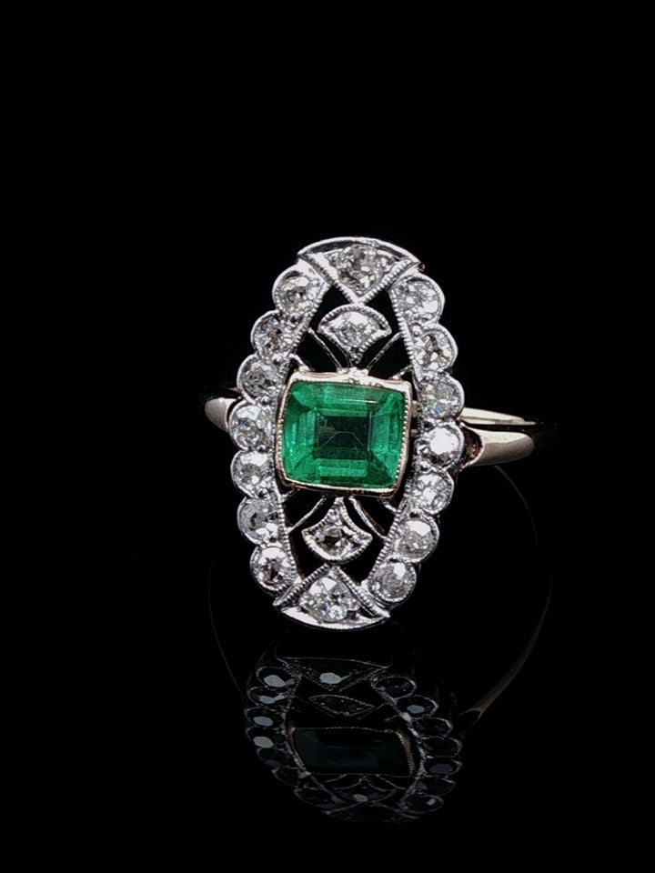 18ct Gold Art Deco 0.50ct Emerald and 1.00ct Diamond Navette Ring, Circa 1930