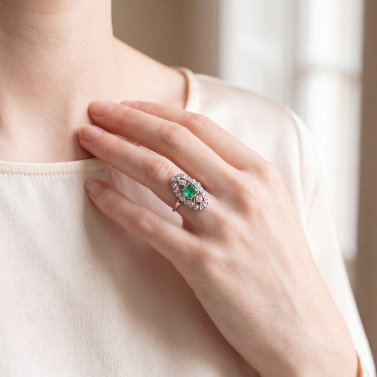 18ct Gold Art Deco 0.50ct Emerald and 1.00ct Diamond Navette Ring, Circa 1930