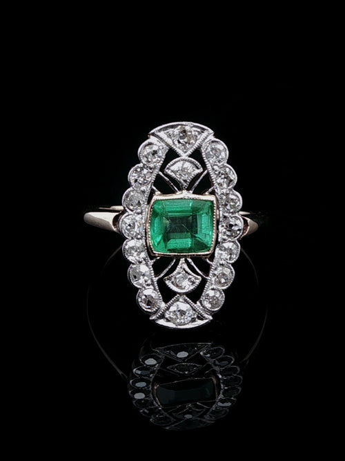 18ct Gold Art Deco 0.50ct Emerald and 1.00ct Diamond Navette Ring, Circa 1930