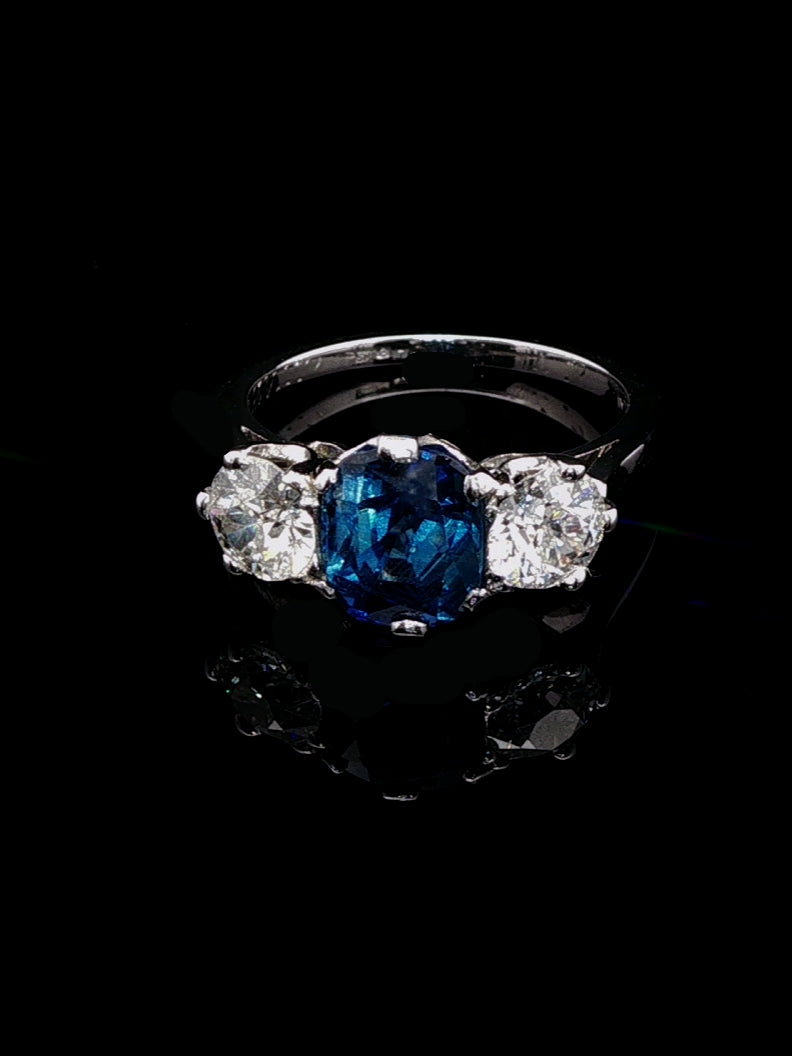 18ct White Gold Three Stone 1.10ct Sapphire and 1.00ct Old Cut Diamon Ring