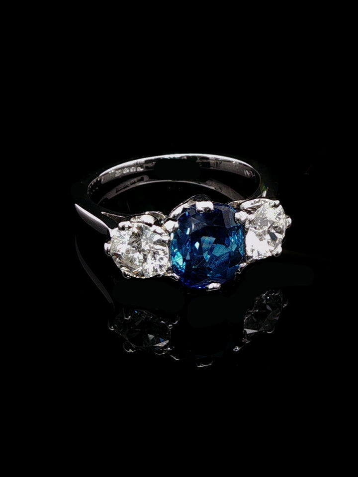 18ct White Gold Three Stone 1.10ct Sapphire and 1.00ct Old Cut Diamon Ring