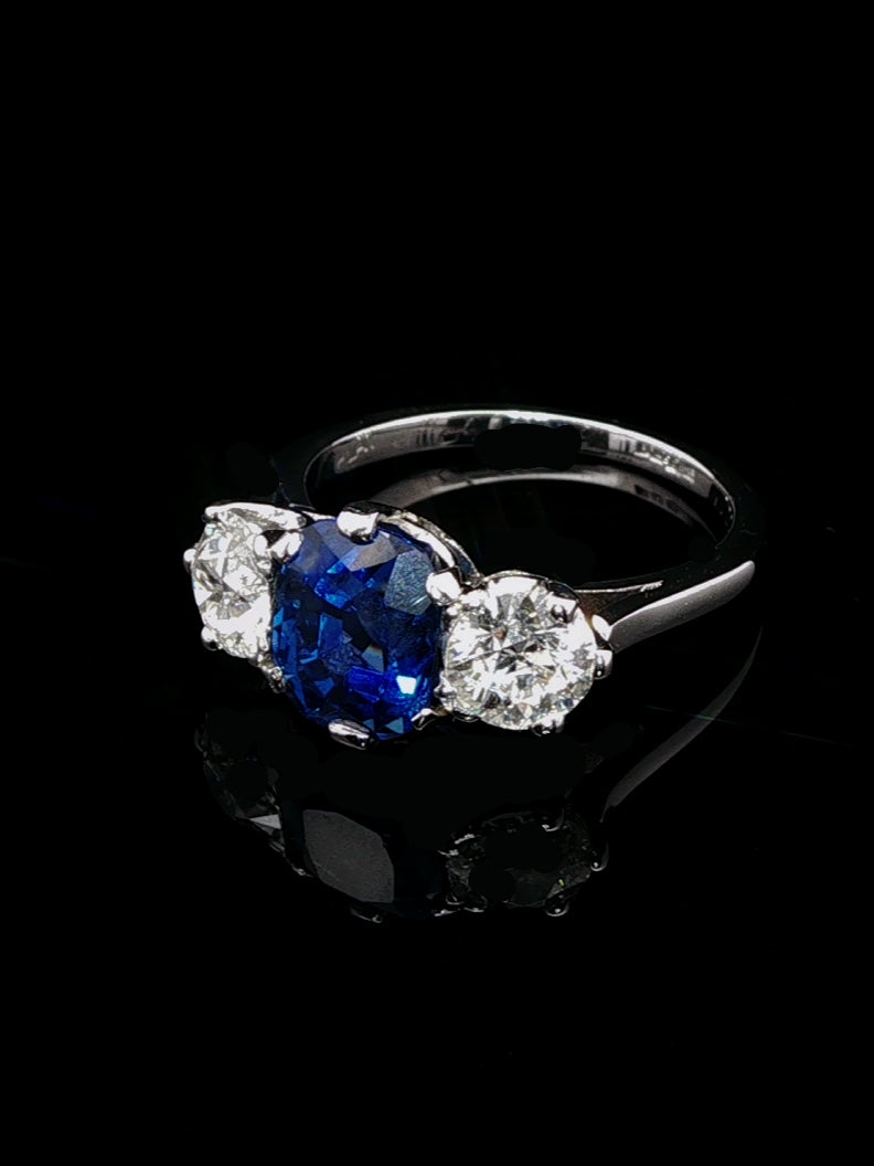 18ct White Gold Three Stone 1.10ct Sapphire and 1.00ct Old Cut Diamon Ring