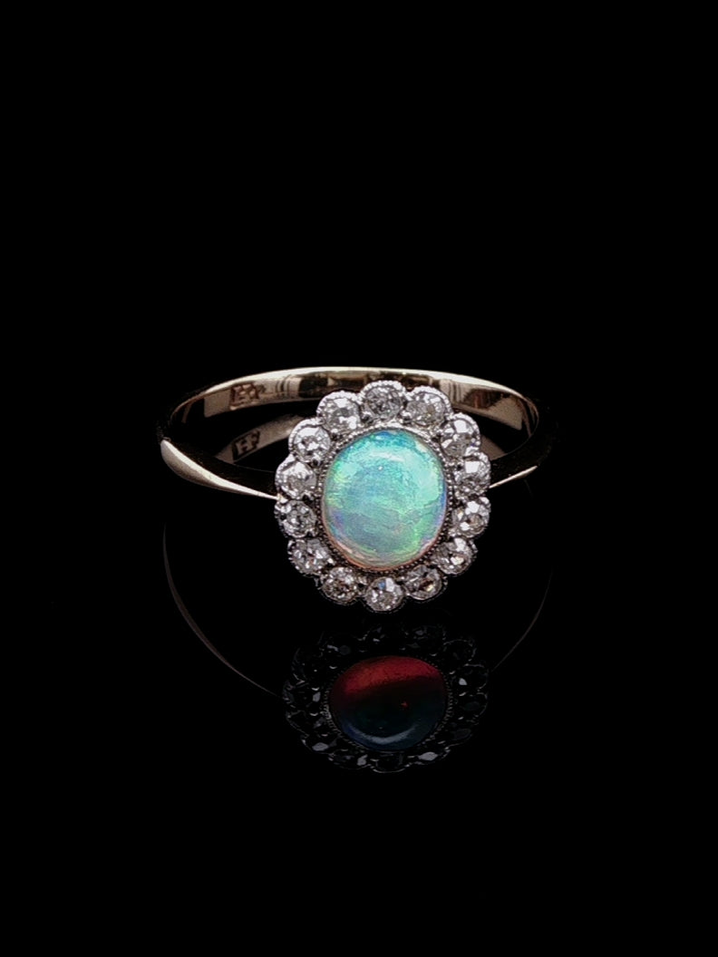 18ct Gold Art Deco Opal and Diamond Cluster Ring, Circa 1935