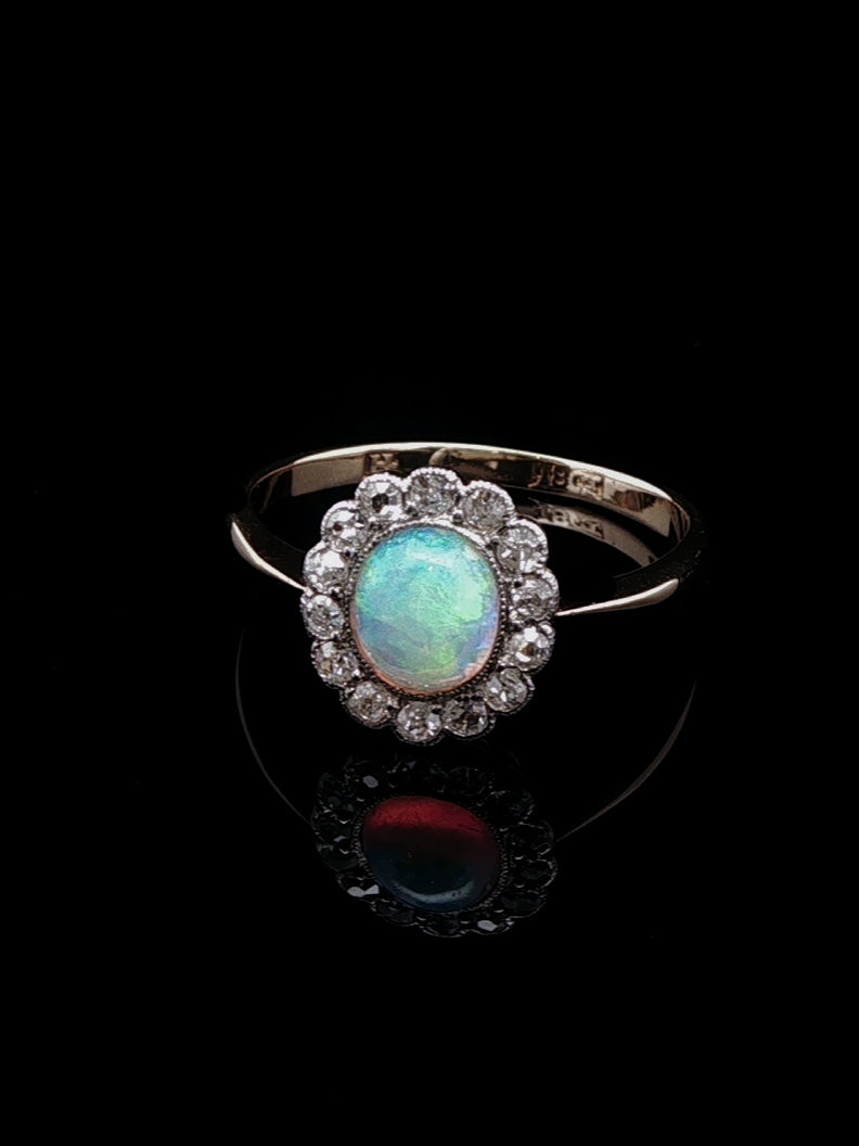 18ct Gold Art Deco Opal and Diamond Cluster Ring, Circa 1935