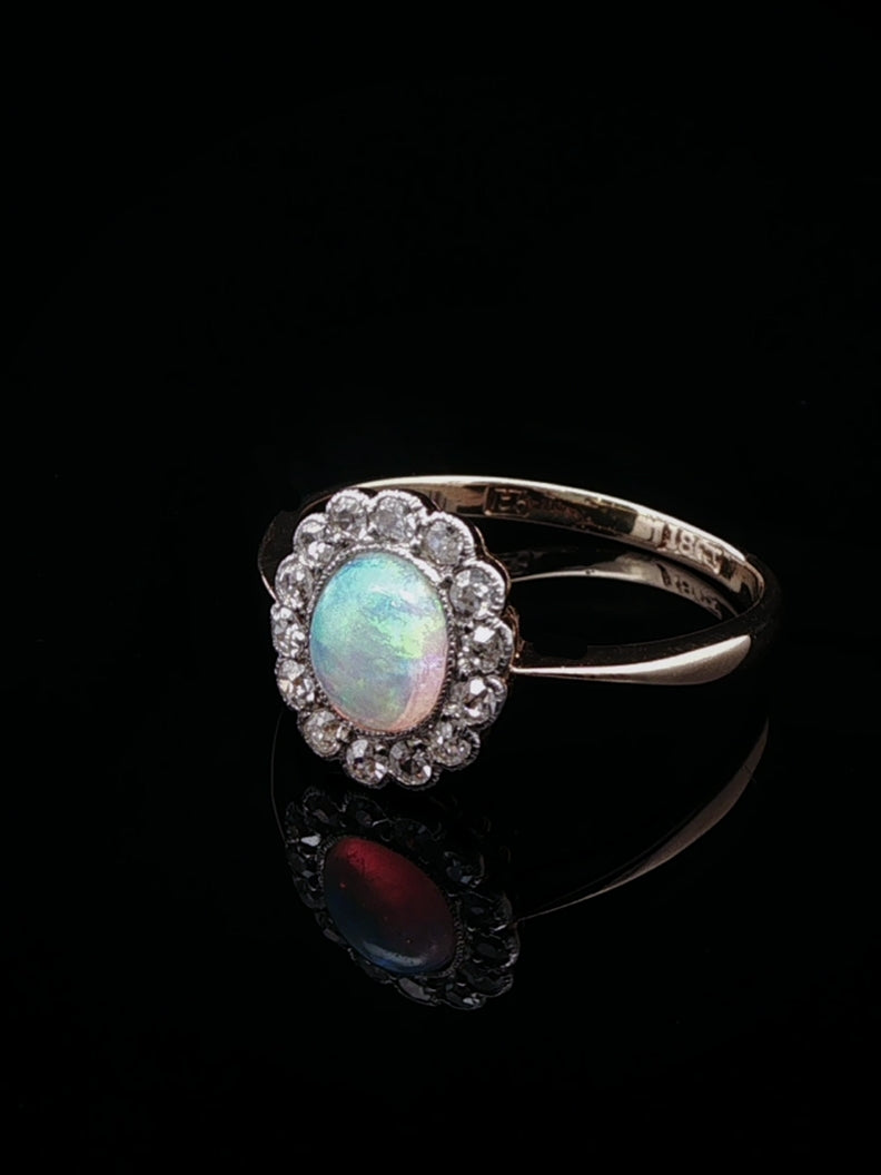 18ct Gold Art Deco Opal and Diamond Cluster Ring, Circa 1935