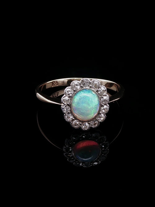 18ct Gold Art Deco Opal and Diamond Cluster Ring, Circa 1935