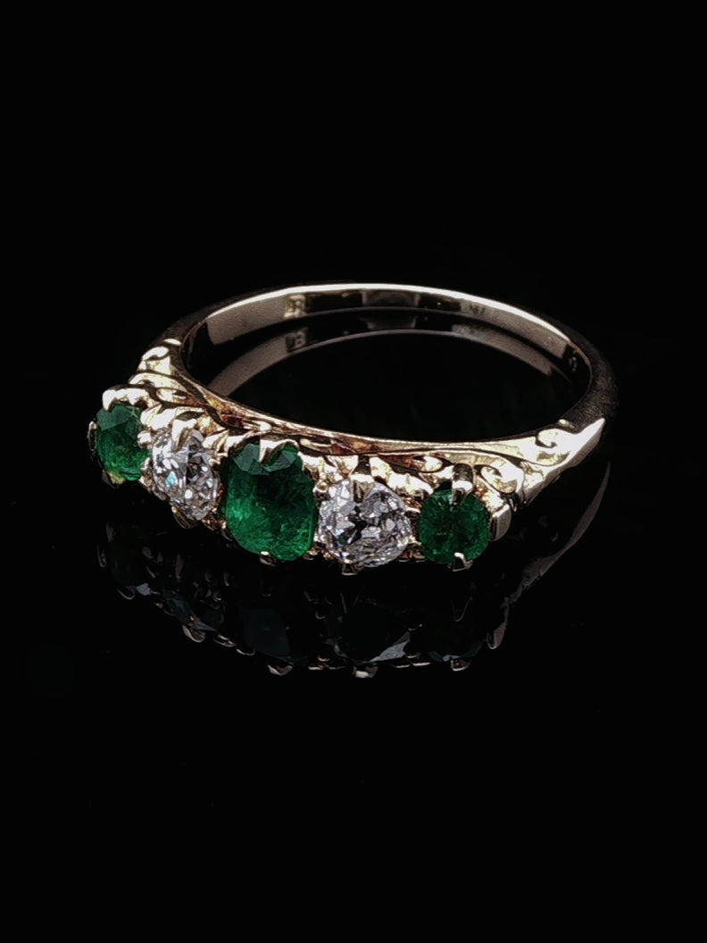 Victorian 18ct Gold Five Stone 0.50ct Emerald and 0.40ct Diamond Ring, Circa 1875