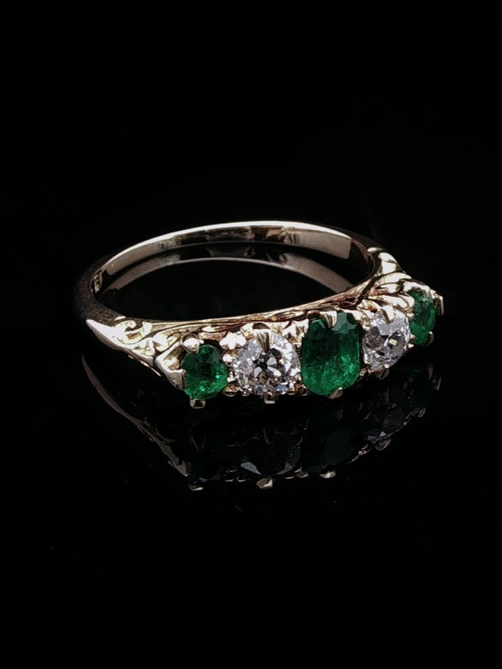 Victorian 18ct Gold Five Stone 0.50ct Emerald and 0.40ct Diamond Ring, Circa 1875