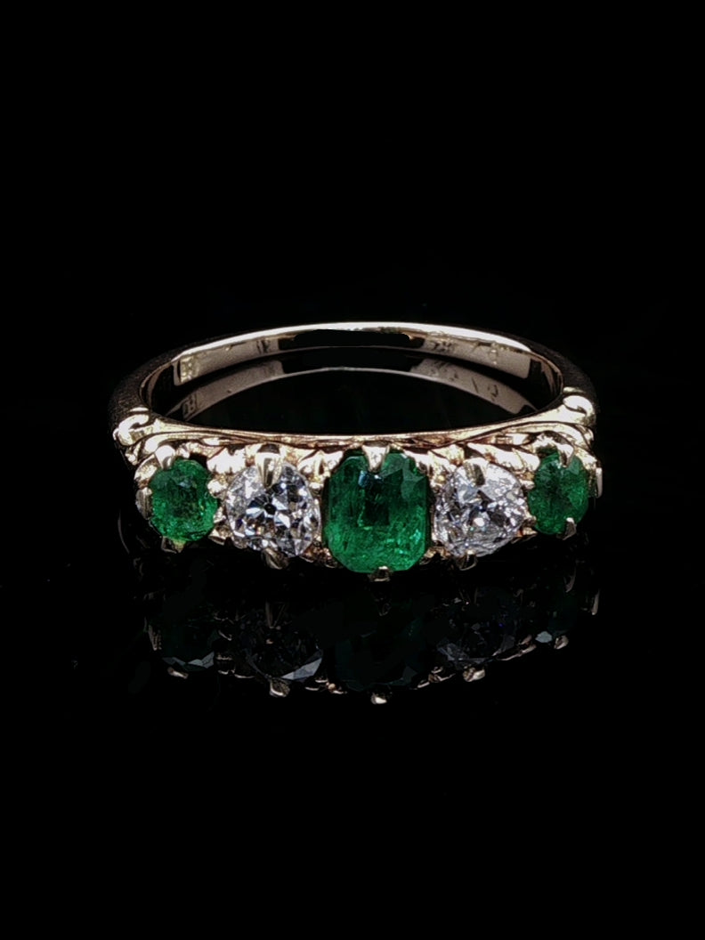Victorian 18ct Gold Five Stone 0.50ct Emerald and 0.40ct Diamond Ring, Circa 1875