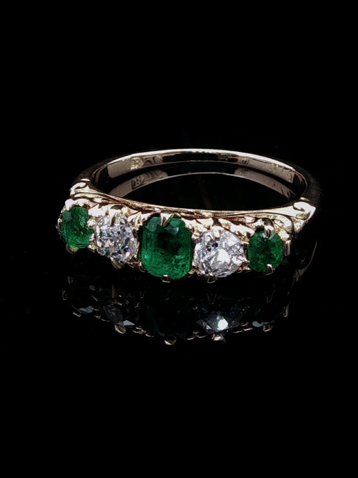 Victorian 18ct Gold Five Stone 0.50ct Emerald and 0.40ct Diamond Ring, Circa 1875