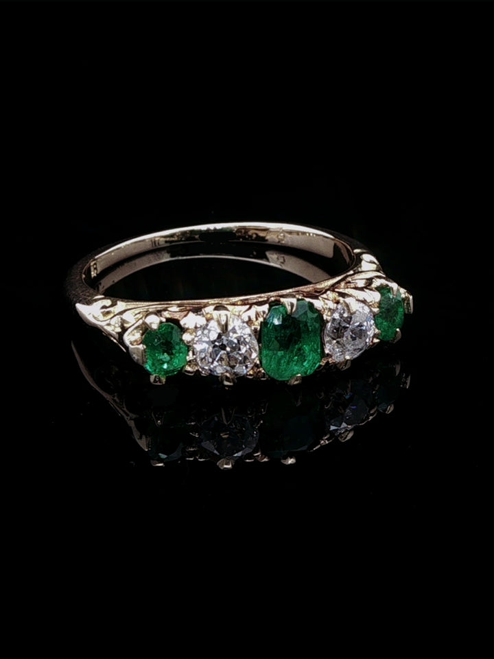 Victorian 18ct Gold Five Stone 0.50ct Emerald and 0.40ct Diamond Ring, Circa 1875