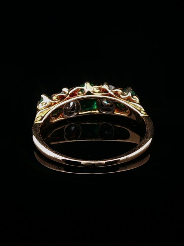 Victorian 18ct Gold Five Stone 0.50ct Emerald and 0.40ct Diamond Ring, Circa 1875