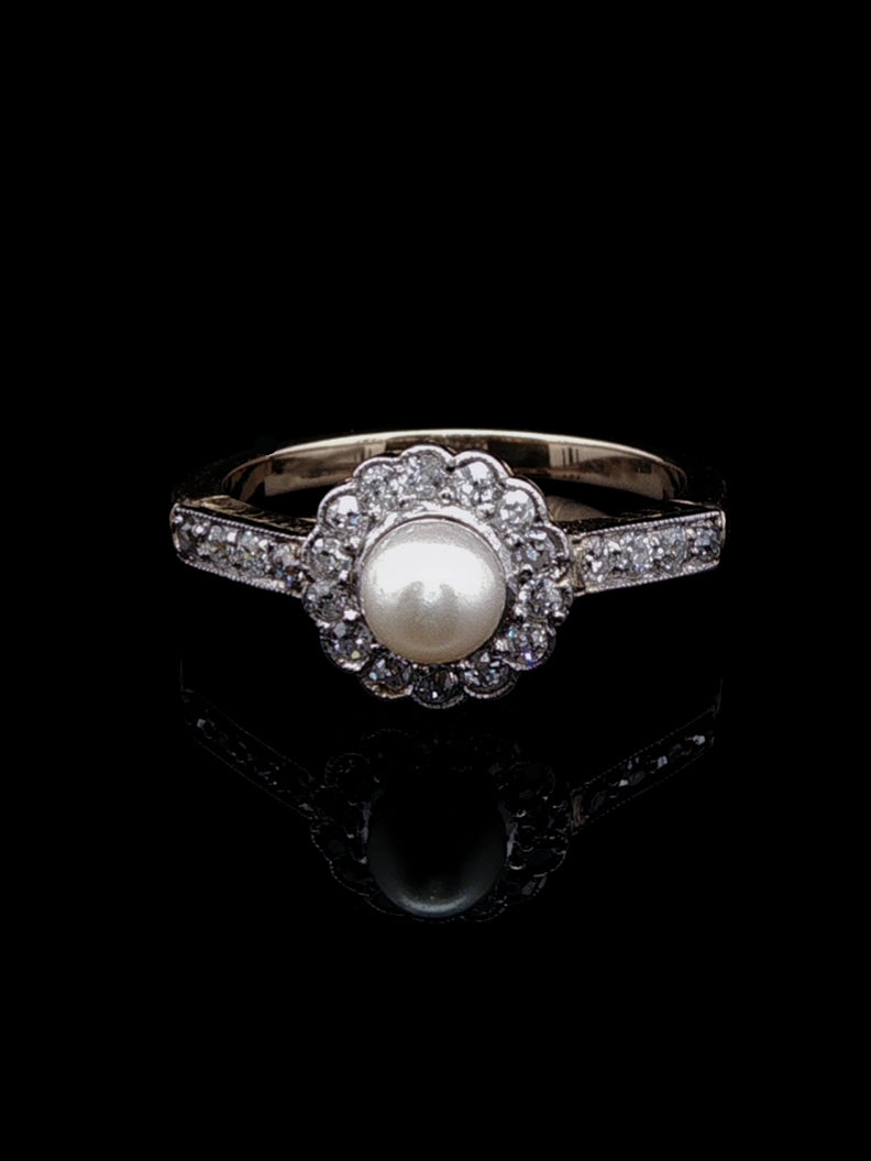 Antique Edwardian 18ct Gold Pearl and 0.40ct Diamond Cluster Ring, Circa 1900