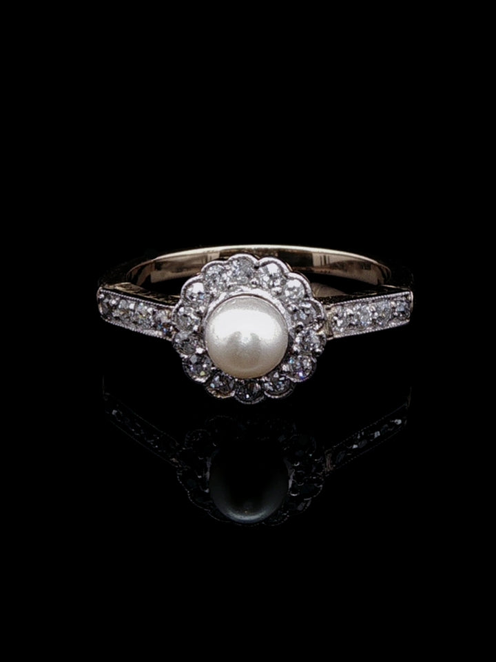 Antique Edwardian 18ct Gold Pearl and 0.40ct Diamond Cluster Ring, Circa 1900