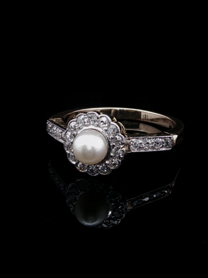 Antique Edwardian 18ct Gold Pearl and 0.40ct Diamond Cluster Ring, Circa 1900