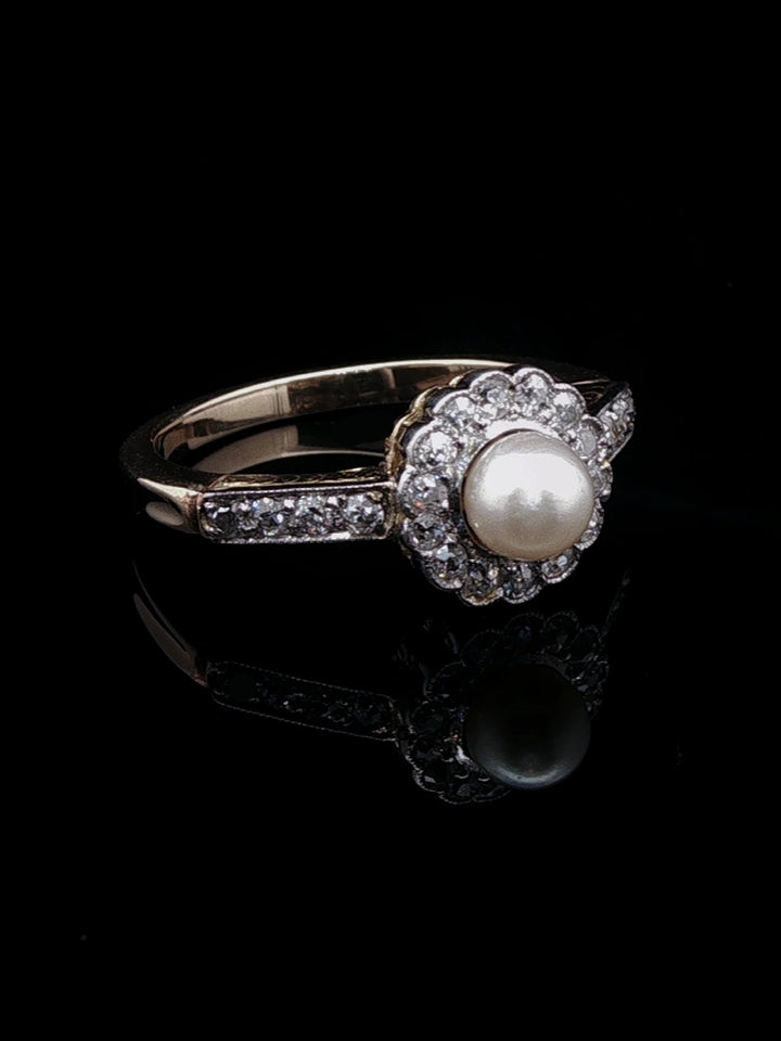 Antique Edwardian 18ct Gold Pearl and 0.40ct Diamond Cluster Ring, Circa 1900