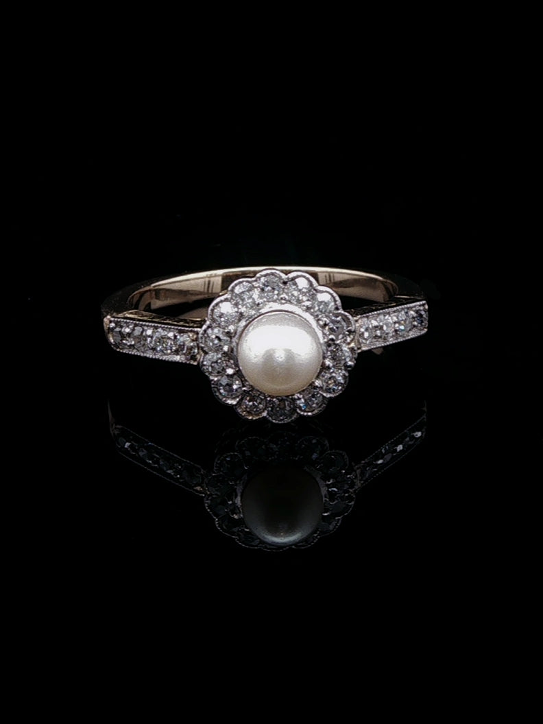 Antique Edwardian 18ct Gold Pearl and 0.40ct Diamond Cluster Ring, Circa 1900