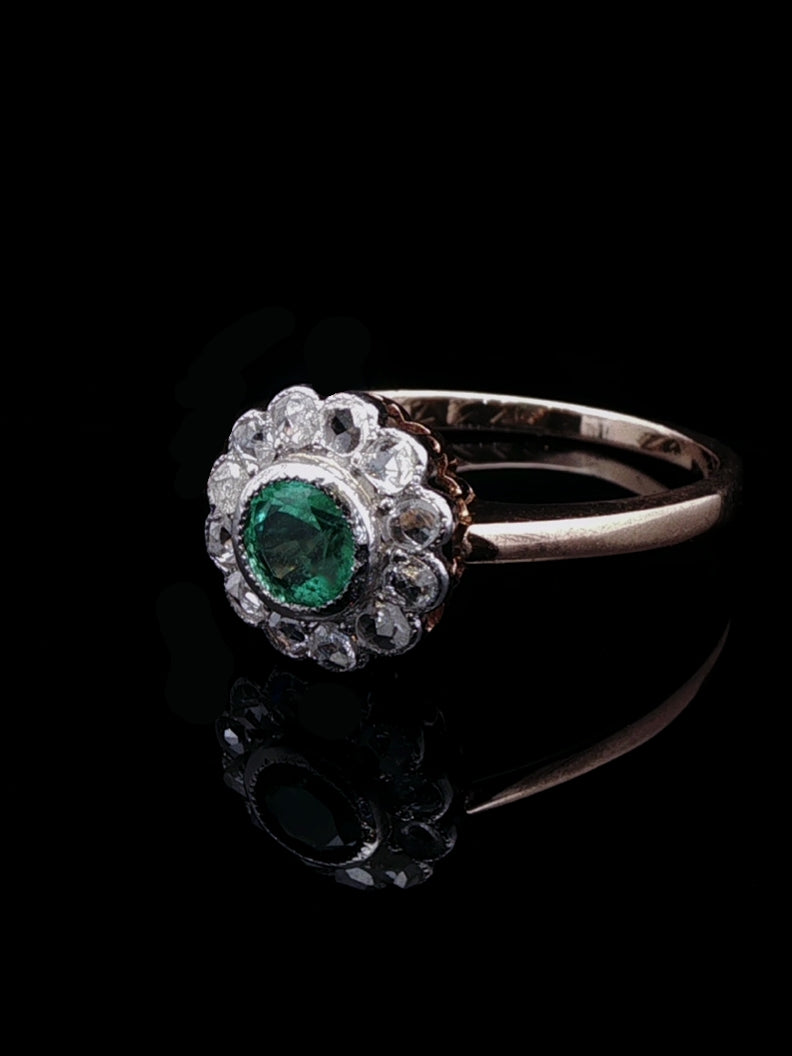 Vintage 18ct Gold Emerald and 0.60ct Diamond Cluster Ring, Circa 1950