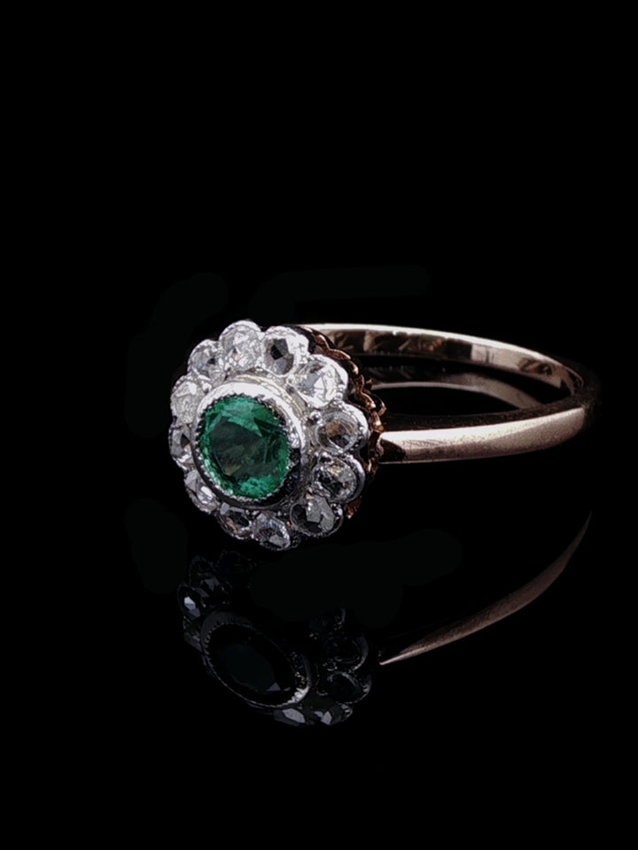 Vintage 18ct Gold Emerald and 0.60ct Diamond Cluster Ring, Circa 1950