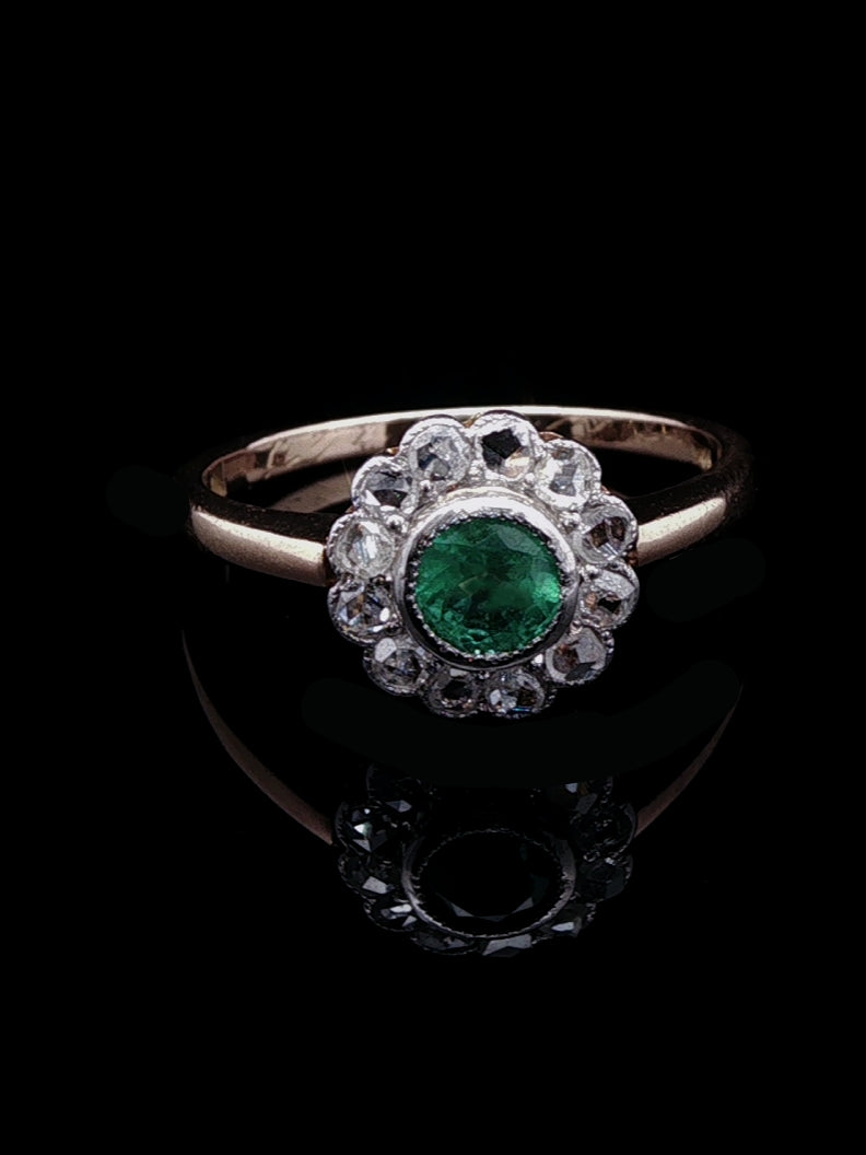 Vintage 18ct Gold Emerald and 0.60ct Diamond Cluster Ring, Circa 1950