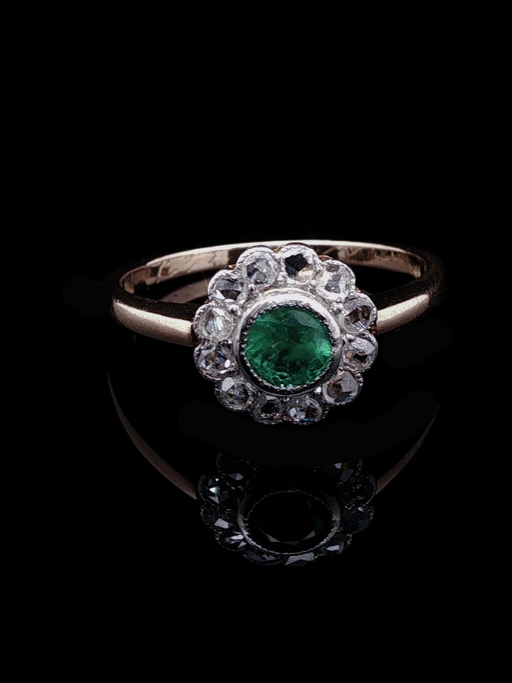 Vintage 18ct Gold Emerald and 0.60ct Diamond Cluster Ring, Circa 1950