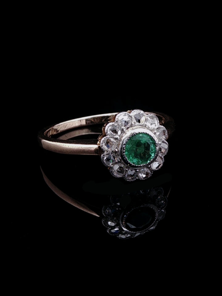 Vintage 18ct Gold Emerald and 0.60ct Diamond Cluster Ring, Circa 1950