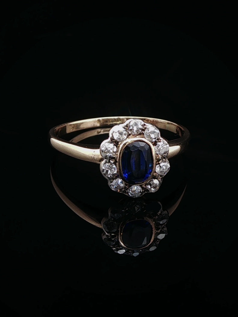 Art Deco 18ct Gold Sapphire and 0.40ct Diamond Cluster Ring, Circa 1930