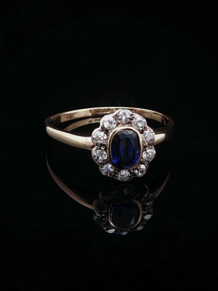 Art Deco 18ct Gold Sapphire and 0.40ct Diamond Cluster Ring, Circa 1930