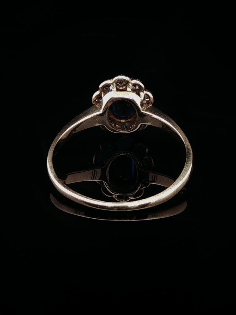 Art Deco 18ct Gold Sapphire and 0.40ct Diamond Cluster Ring, Circa 1930