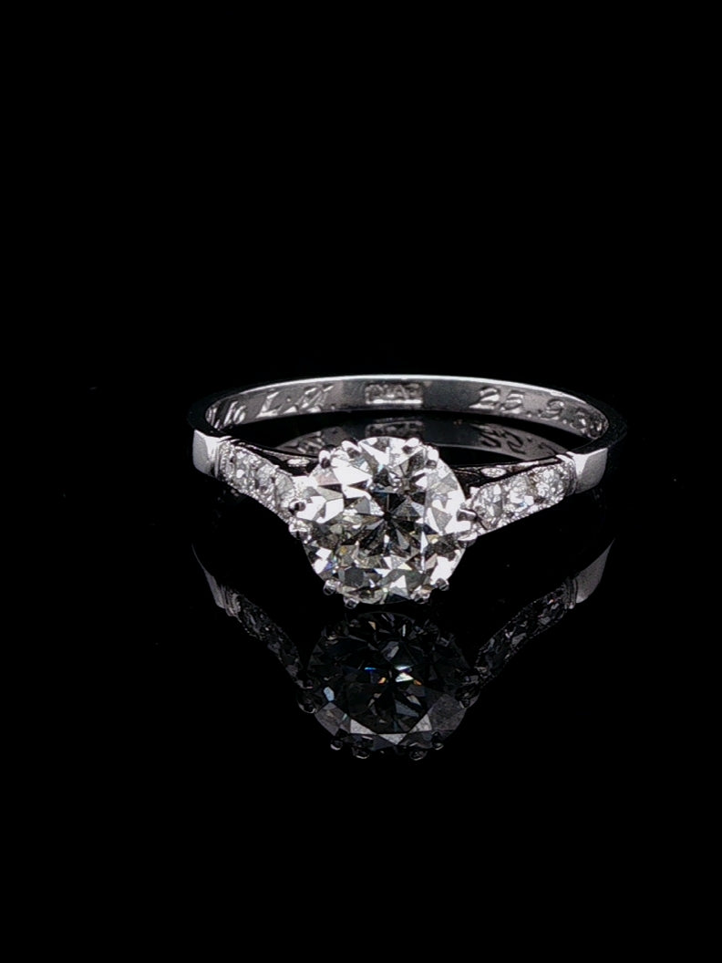 Art Deco Platinum Old Cut 1.37ct Diamond Solitaire Ring, Circa 1935