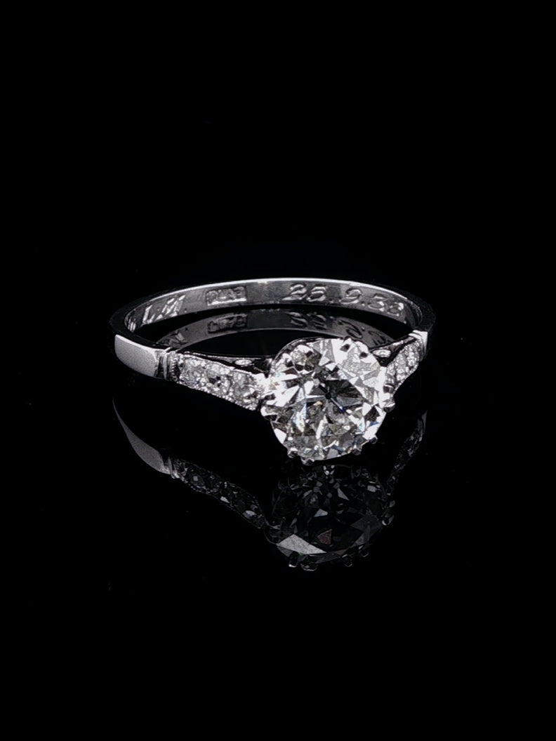 Art Deco Platinum Old Cut 1.37ct Diamond Solitaire Ring, Circa 1935